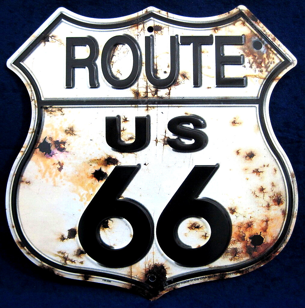 ROUTE 66 Rusty Shield -*US MADE* Embossed Metal Sign – Man Cave Garage Bar Décor