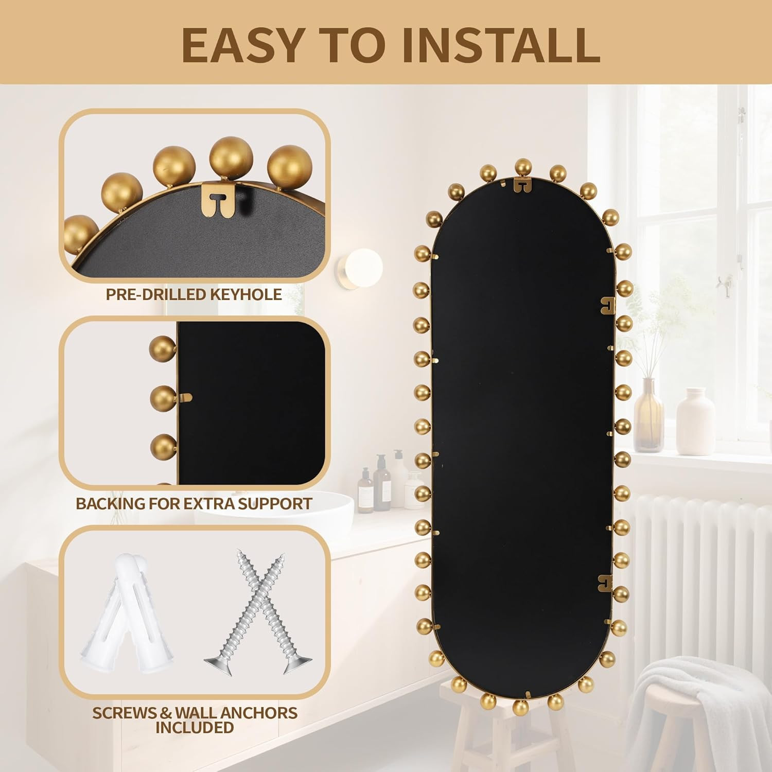Antique Gold Beaded Full-Length Oval Mirror – 20&Prime;x51&Prime; for Any Room