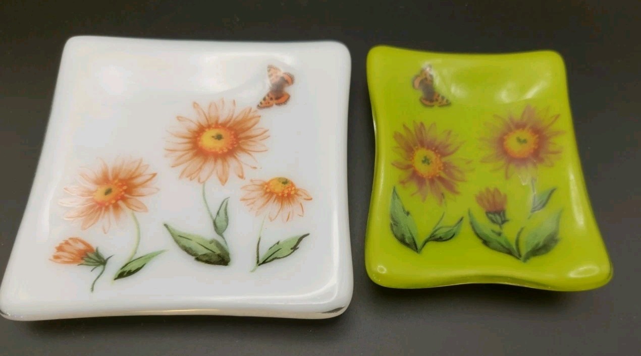 Handcrafted Fused Glass Decorative Plates – Sunflowers & Butterflies – Set of 2