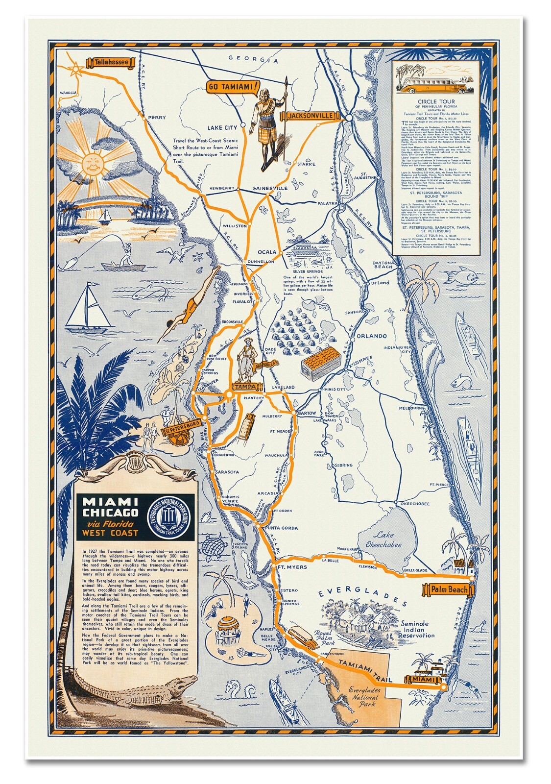 Florida Map by Tamiami Trail Tours c. 1937 | Vintage Style Wall Art Print Poster