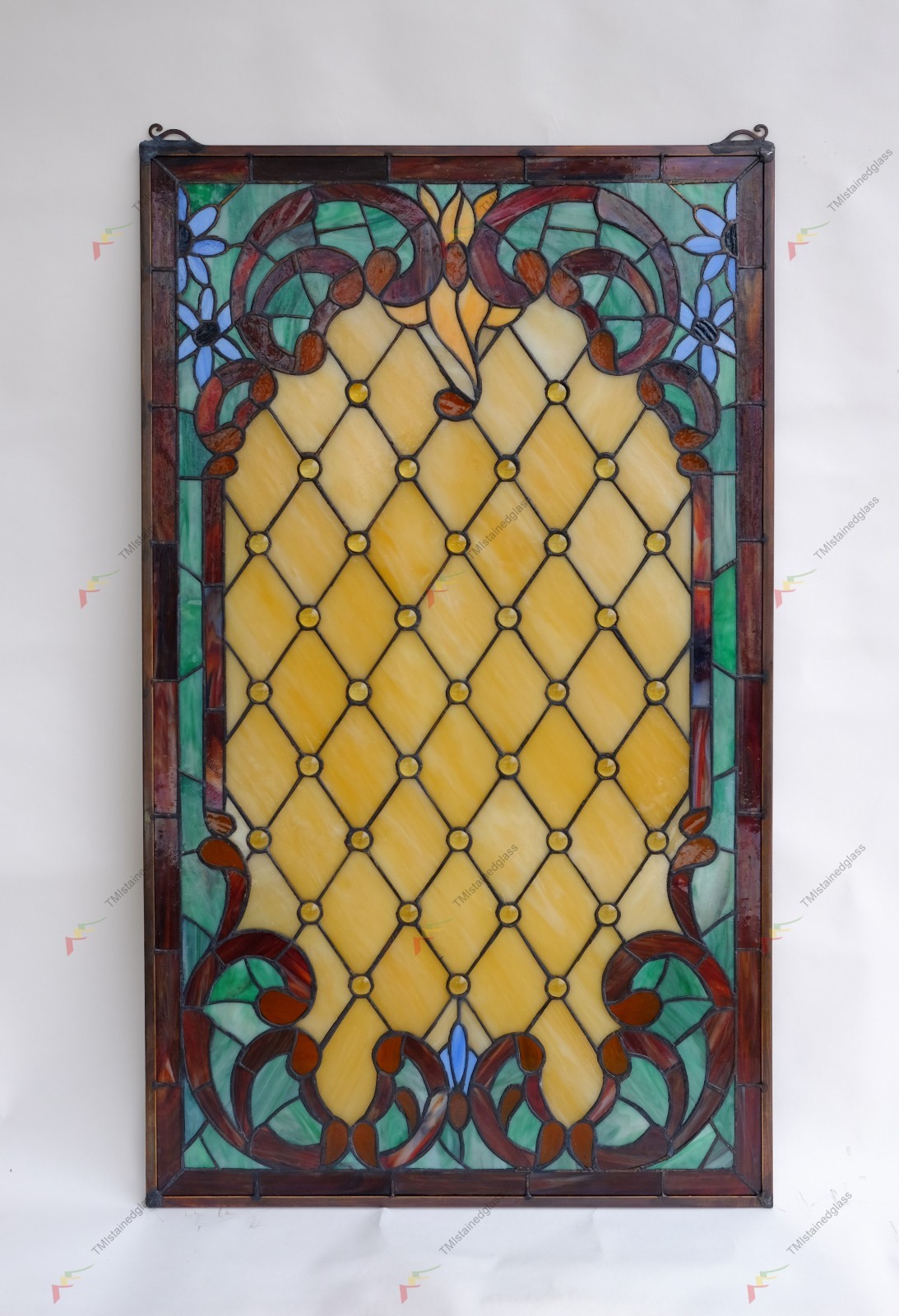20&Prime; x 34&Prime; Tiffany Style stained glass window panel Jeweled glass panel, HF43
