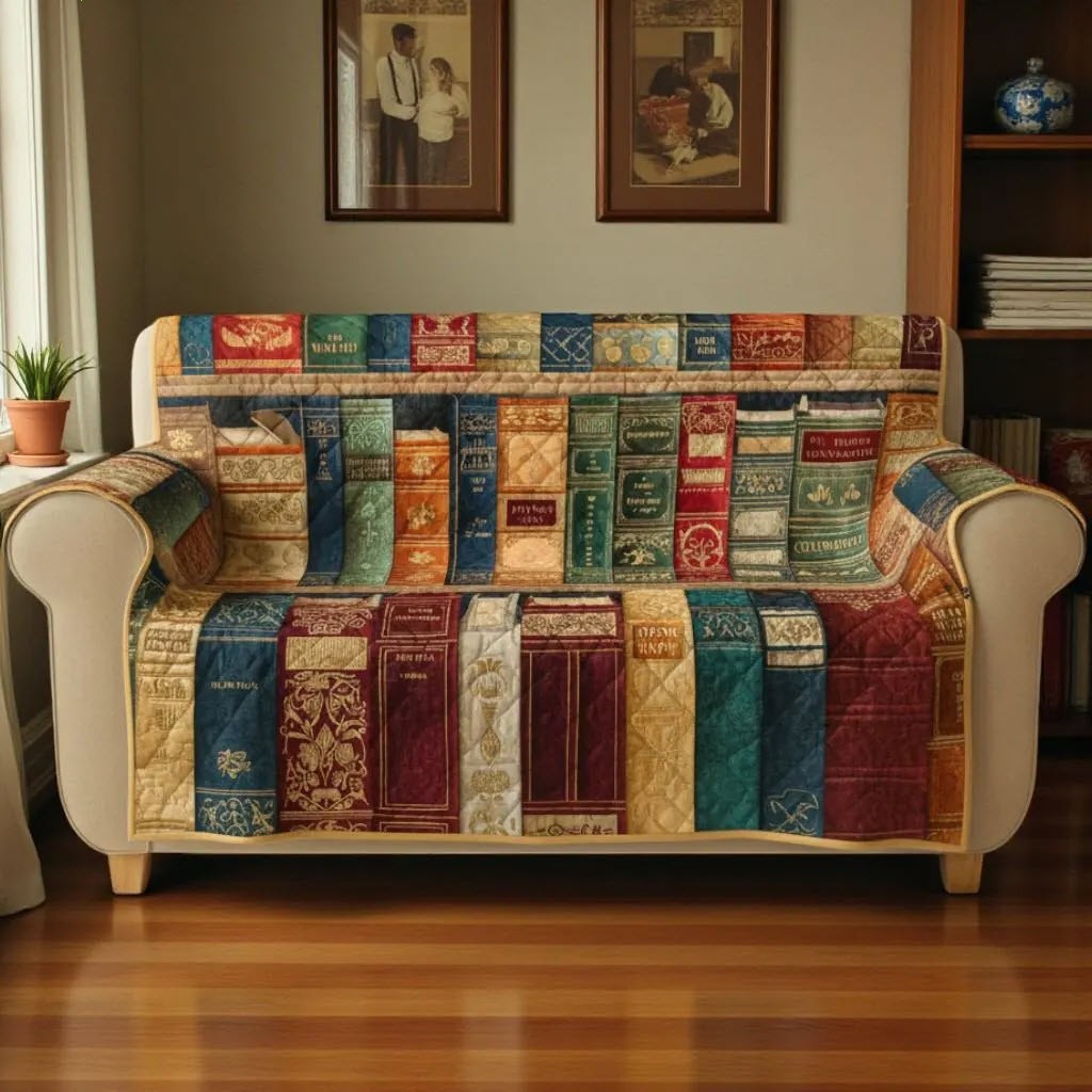 Boho Vintage Bookish Quilted Sofa Cover Retro Bookshelf Xmas Decor Protector