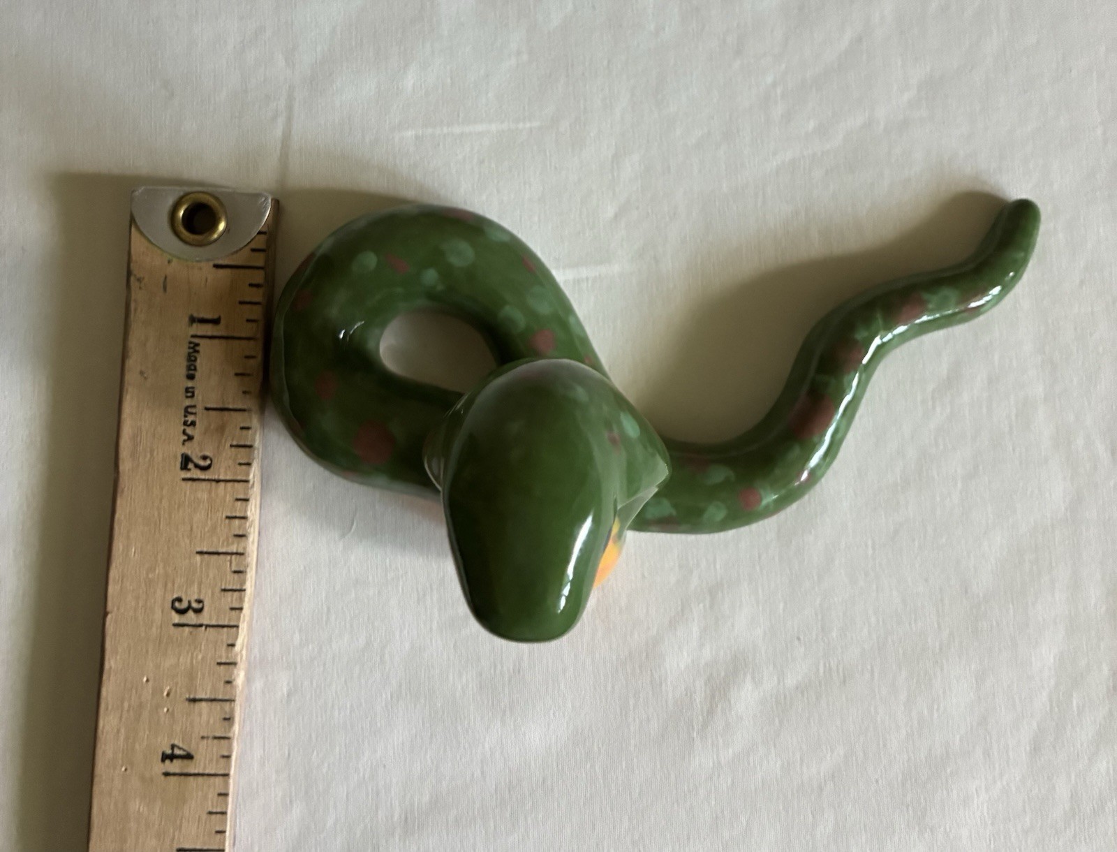 Hand Painted Ceramic Snake Cobra Figurine Green & Yellow Spots Pottery Art Signe