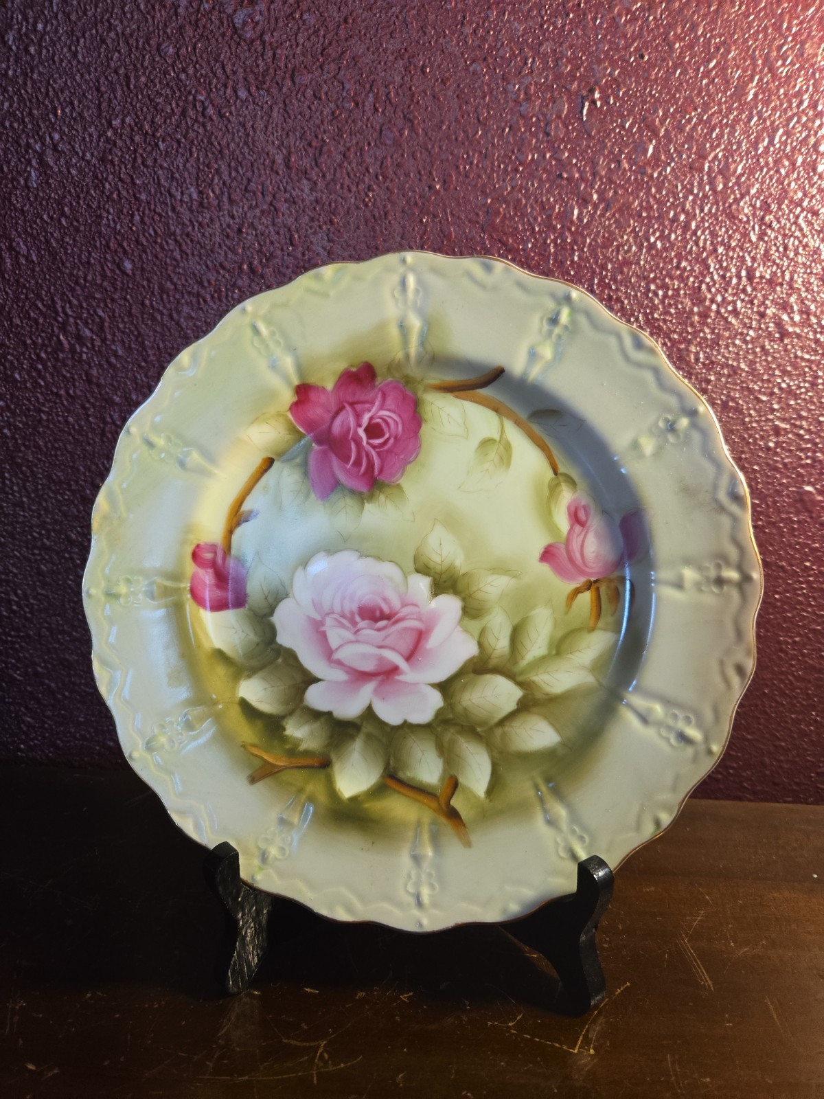Lefton Vtg Porcelain Handpainted Pink & Red Rose Blossom Platter 9&Prime;
