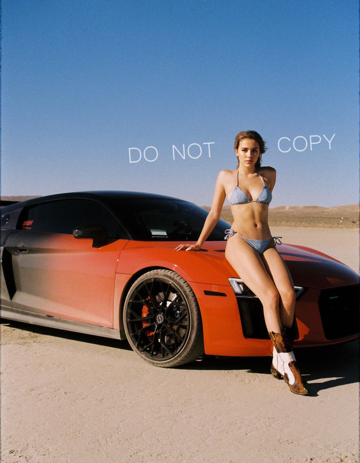 Audi R8 Poster Offroad in the Desert Bikini Model in high boots – 11&Prime;x14&Prime;