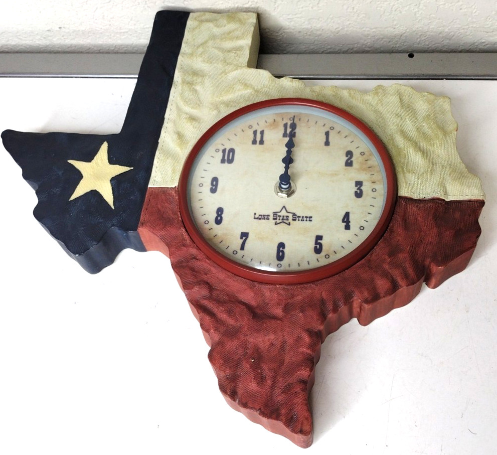 Texas Shaped Wall Clock Textured Resin Lone Star Flag Design 12 x 13 x 1.25&Prime;