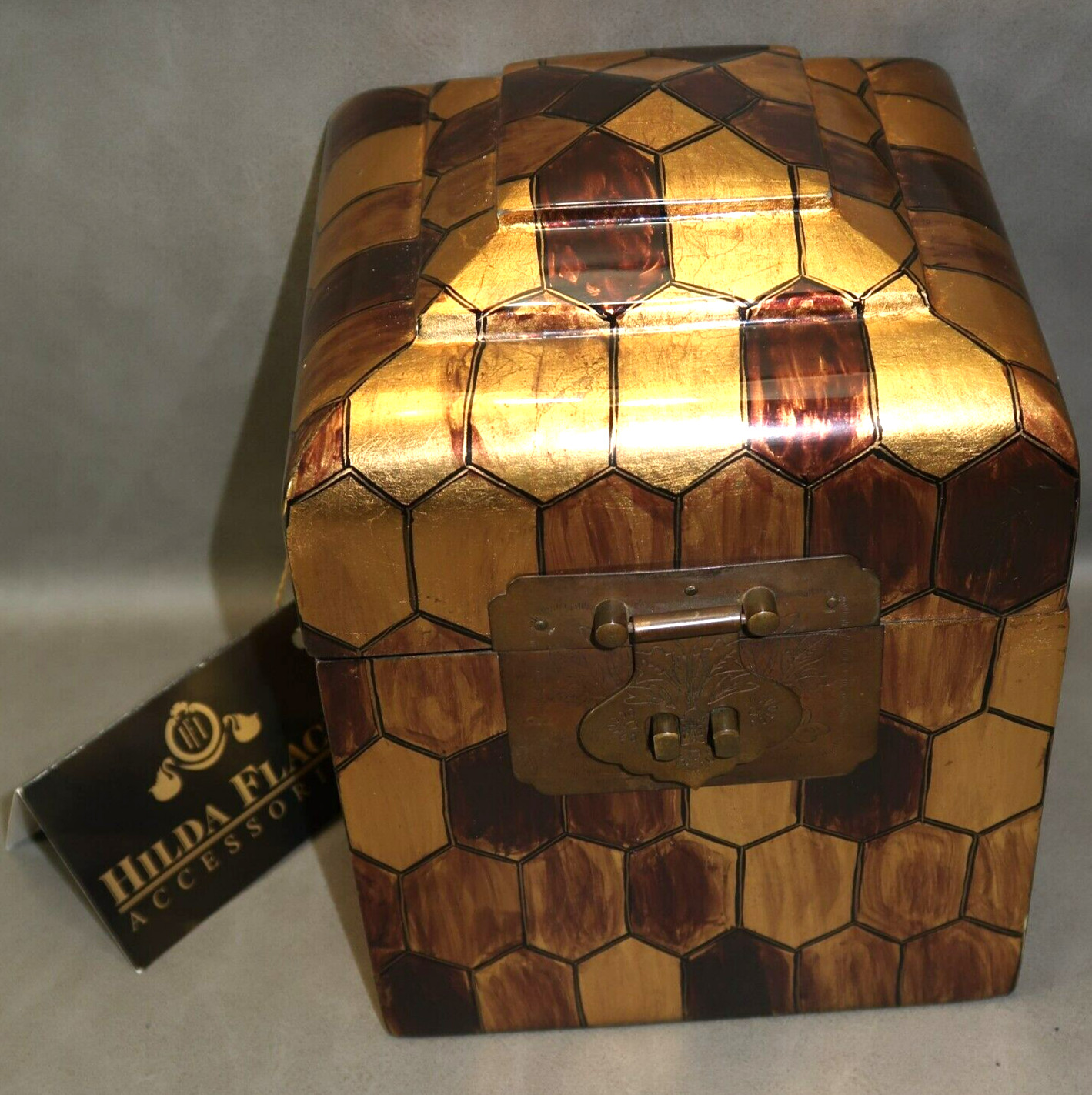8&Prime; Hilda Flack Decorative Lacquered Box Container Chest- Gold Bronze Brass Tones