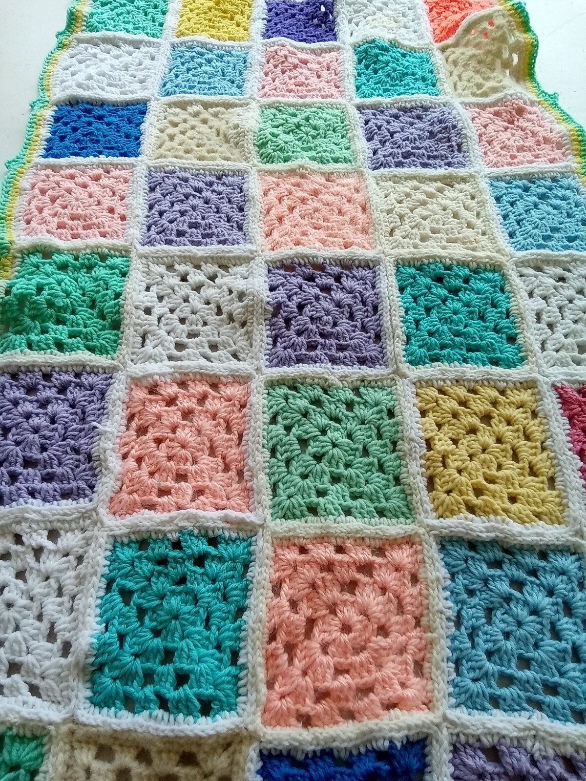 Baby Blanket Granny Square 32 x 57&Prime; hand made crocheted Shower Gift New Unisex
