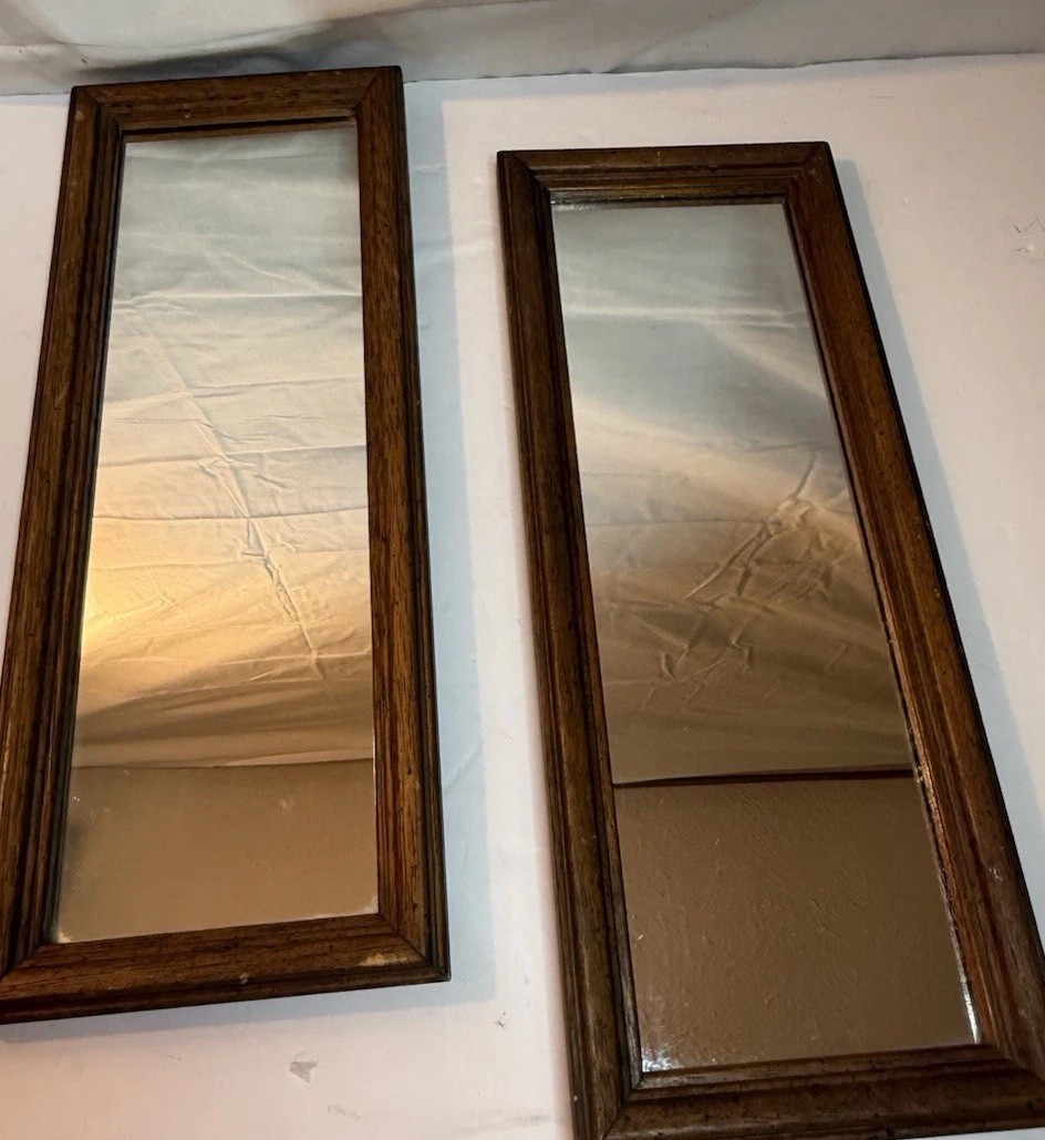 Pair Vintage Solid Oak Wood Wall Mirrors 30×8 Rustic Farmhouse Rectangular