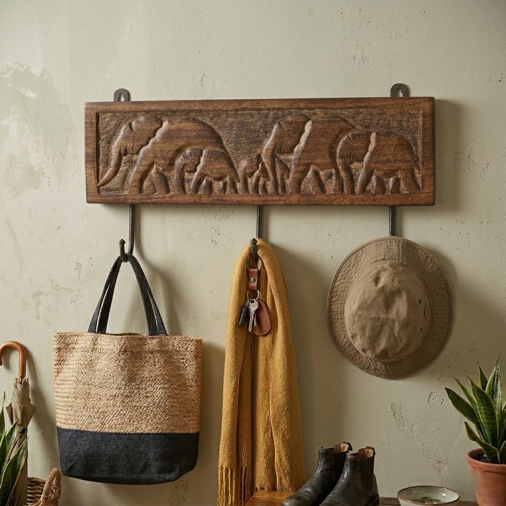 Wooden Cloth Hook Coat Rack Wall Mount 3 Hooks with Carving for Hanging Hat