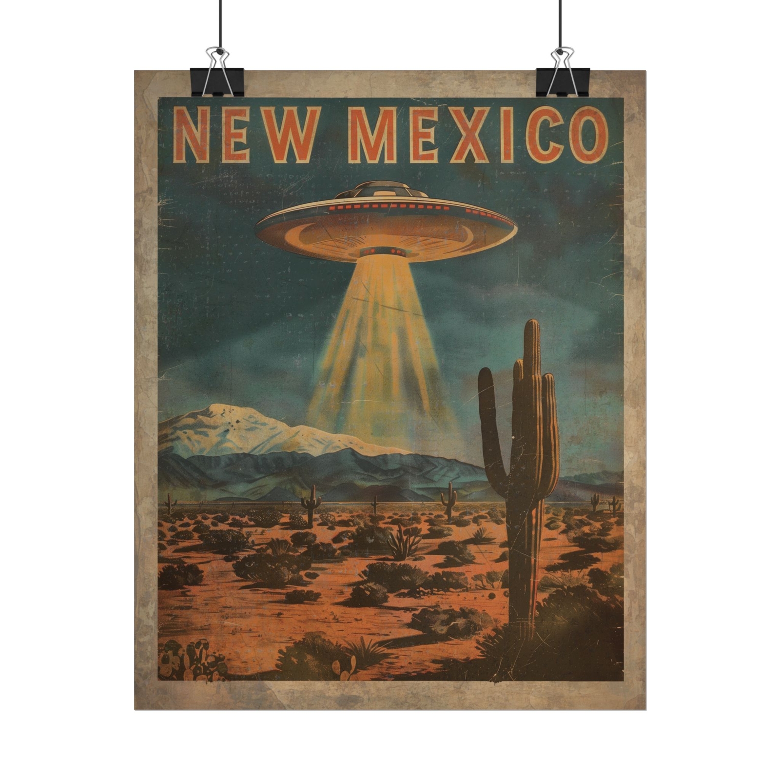 UFO NEW MEXICO Travel Poster, Roswell Alien Cactus Decor, Retro Sci-fi Wall Art