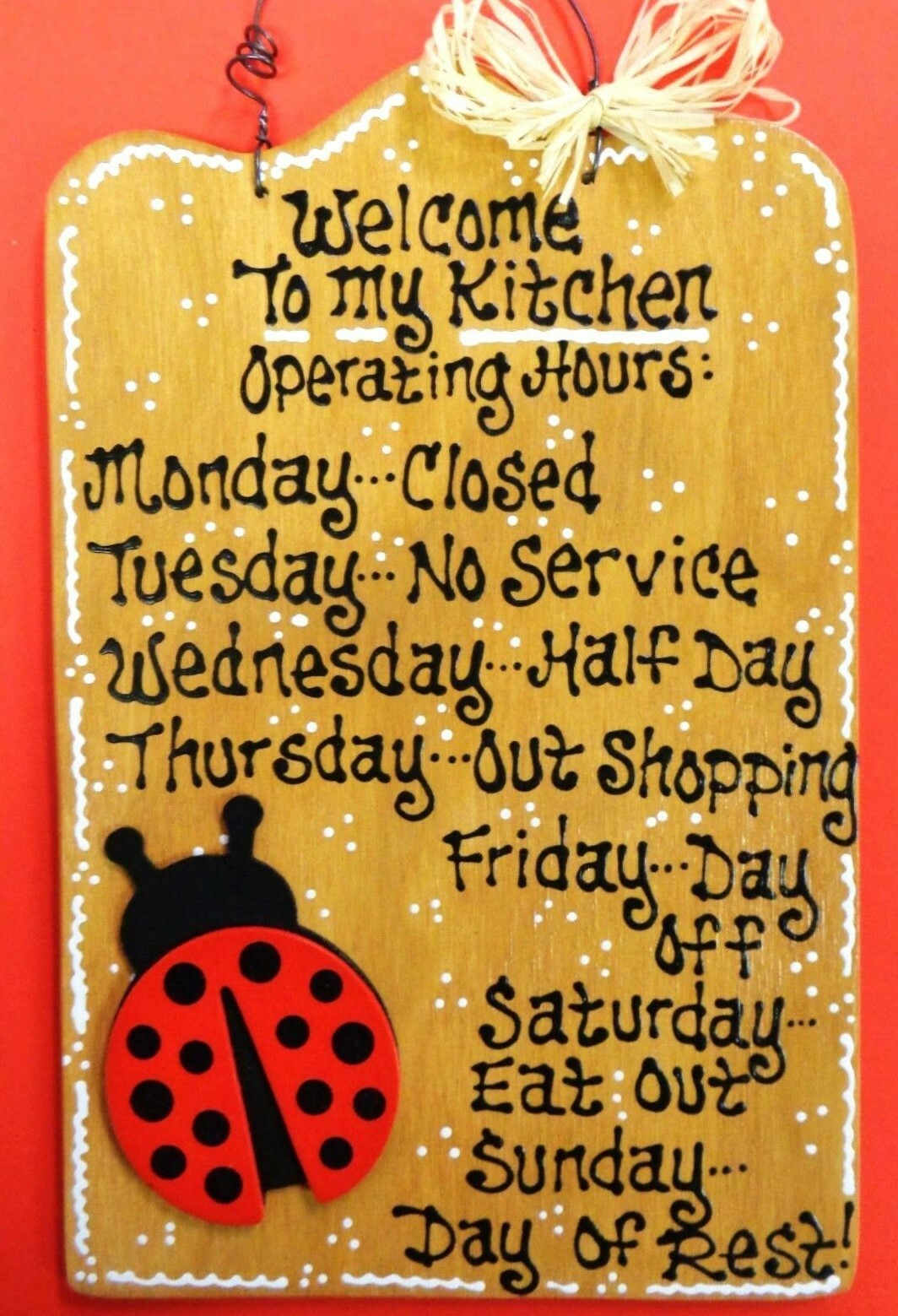 LADYBUG KITCHEN OPERATING HOURS Sign Wood Wall Plaque Hanger Country Decor Craft