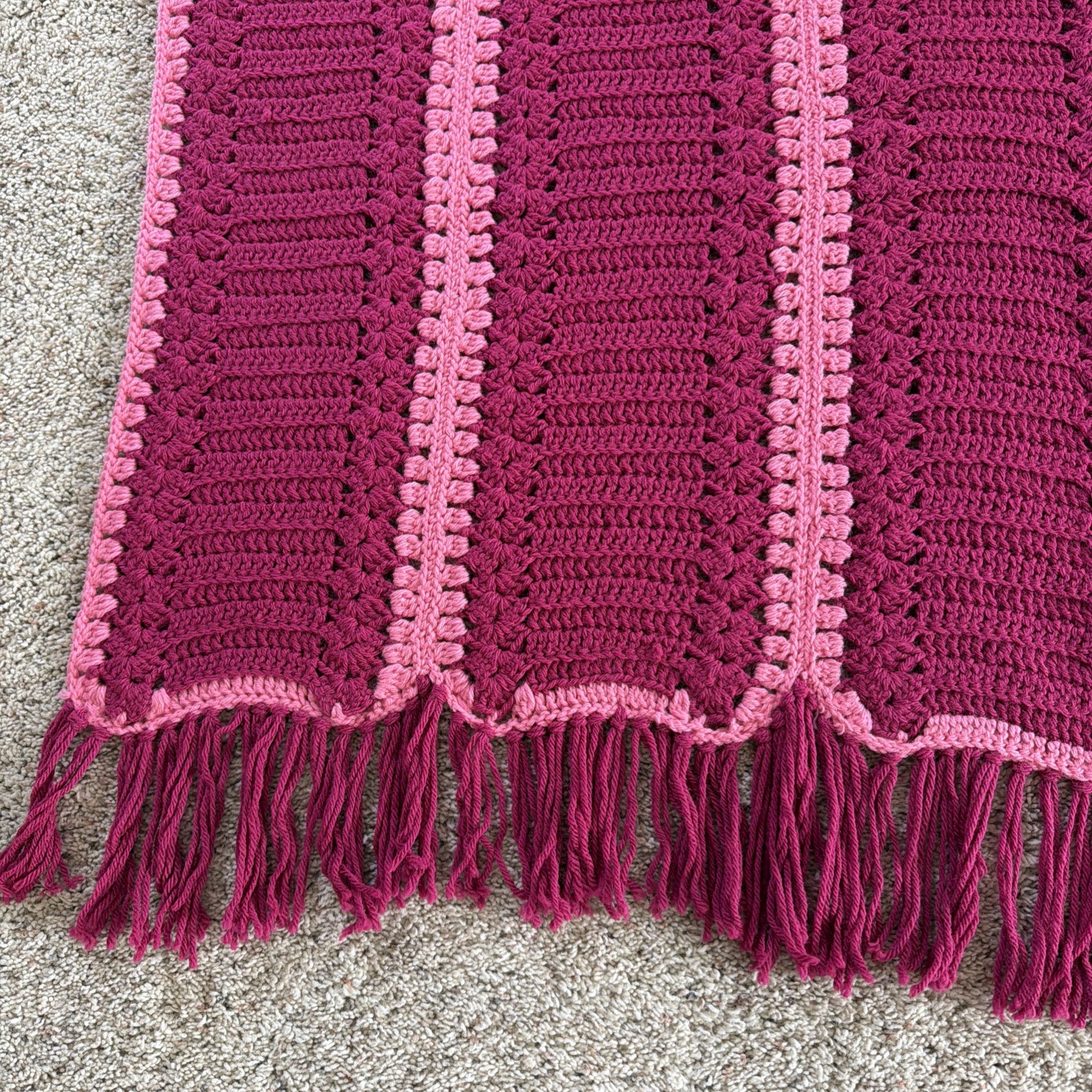 VTG Handmade Afghan Blanket Throw Crochet Granny Maroon Pink Fringe Cottage Core