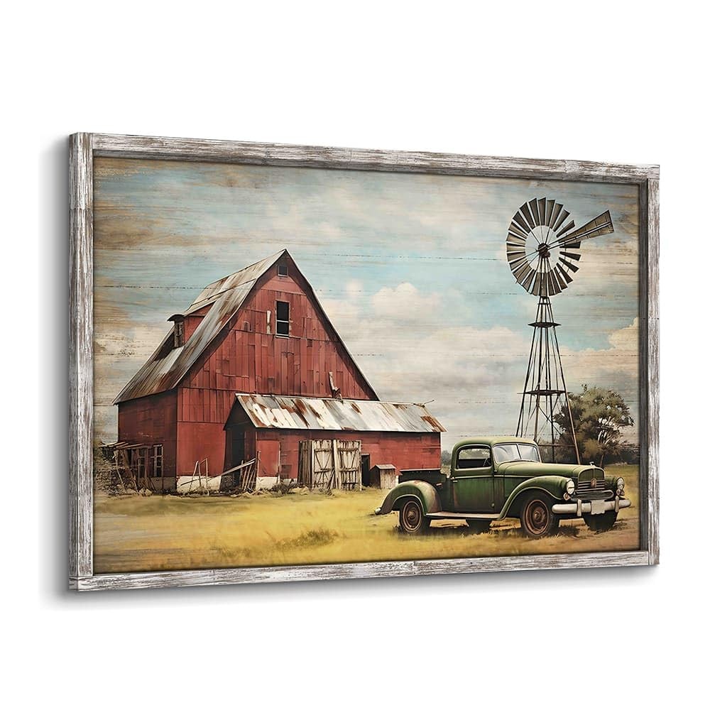 Farmhouse Truck Framed Wall Art: Rustic Old Red Barn Picture Windmill Wood Pr…