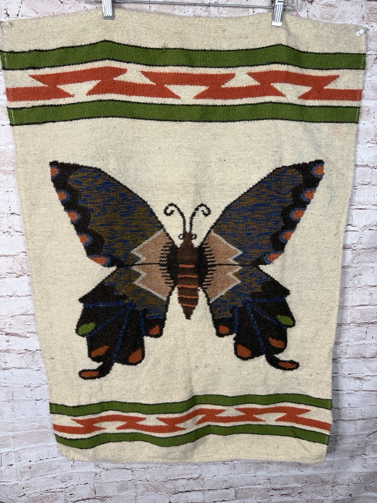 Beautiful Vintage Peruvian Handwoven Tapestry Rug Butterfly Folk Art Boho 70’s