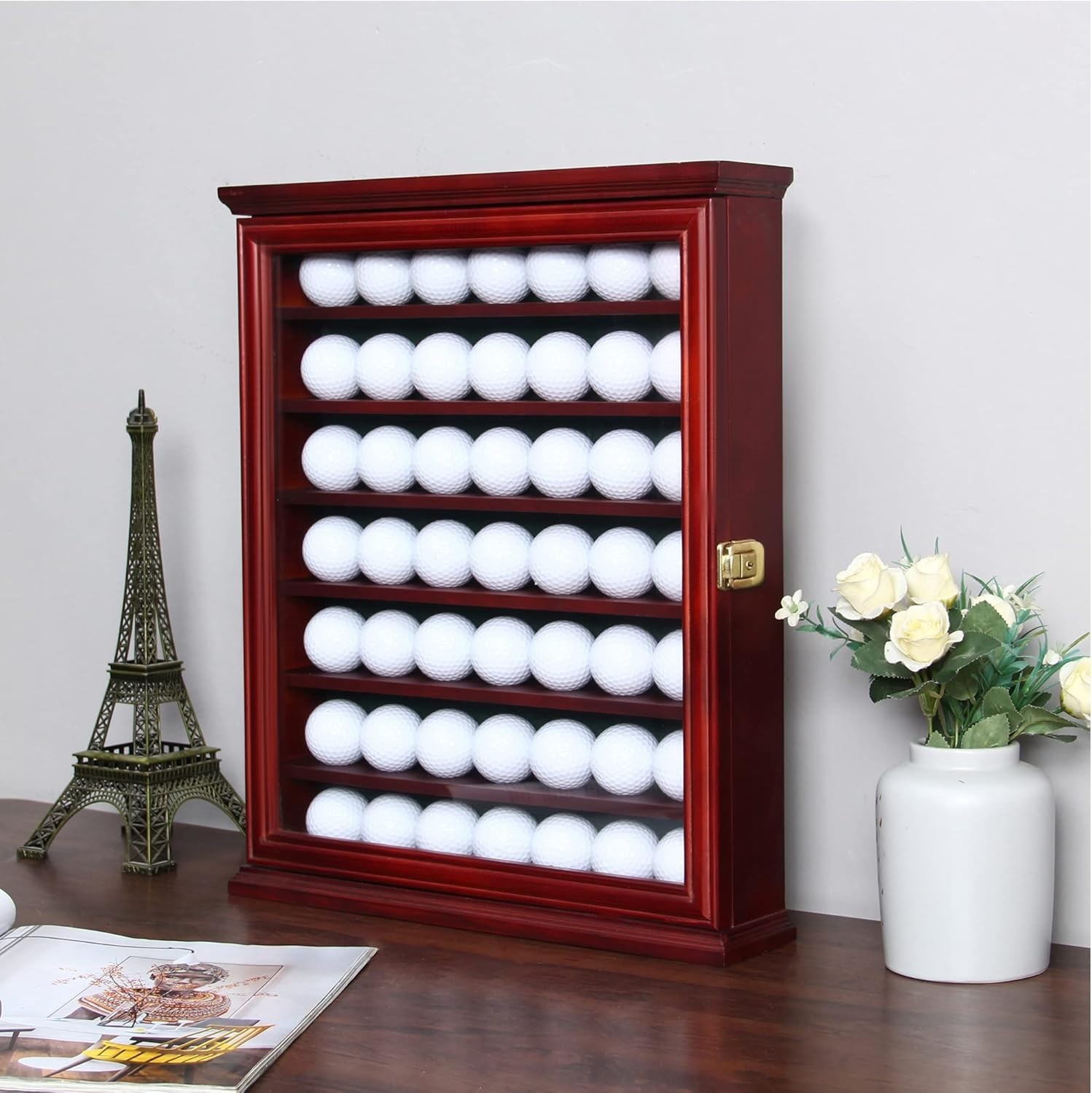 Golf Ball Display Case 49 Pcs Mahogany Pine Wood PGA Clubhouse Wall Rack Holder