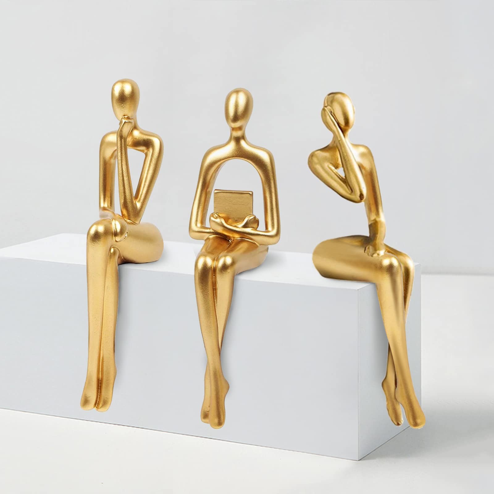 3pcs Gold Decor Thinker Statue, Resin Abstract Man Cutout Art Action Statue C…