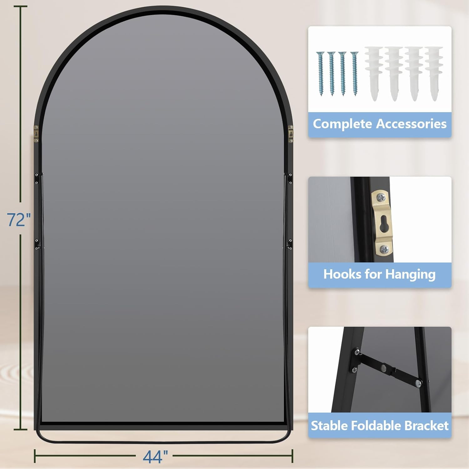 72&Prime; Extra Large Arch Floor Mirror – Black Glass & Aluminum Frame