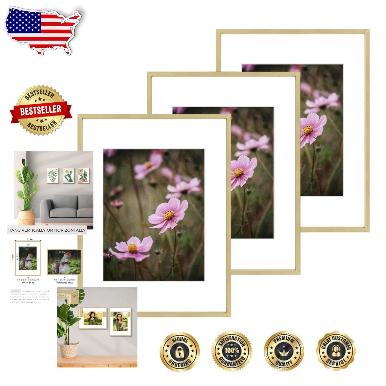 12×16 Gold Frames 3pk Real Glass Modern Gallery Display