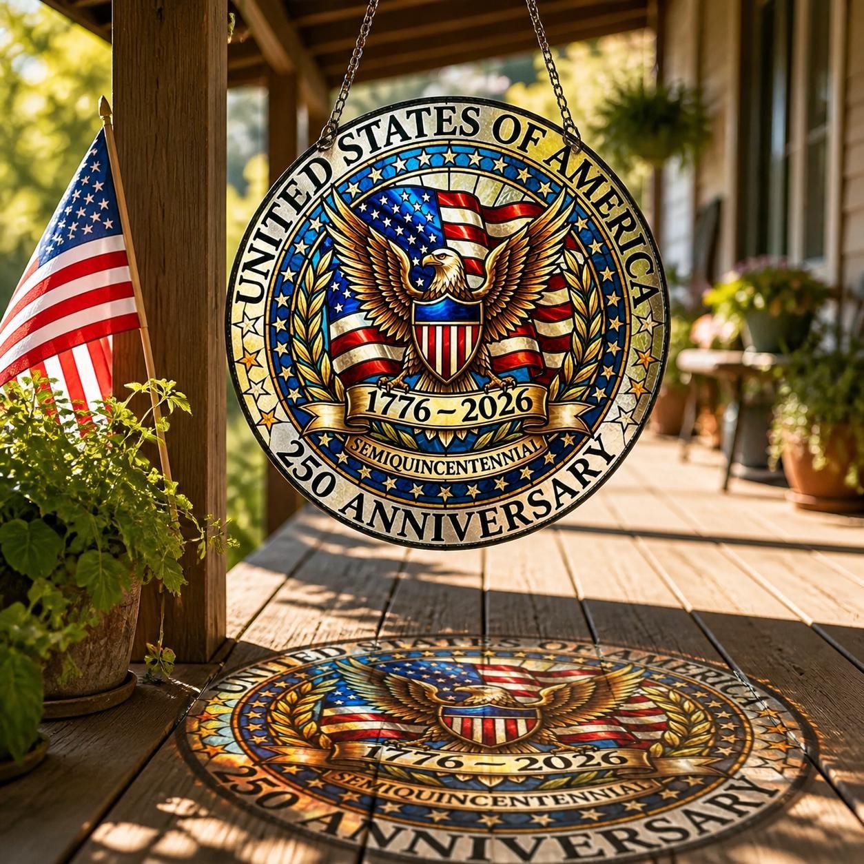 USA 250th Anniversary Suncatcher Eagle Stained Glass Window Hanging Decor