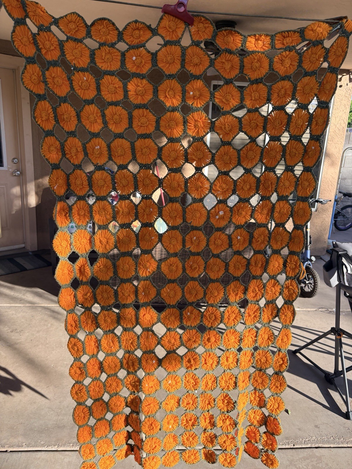 Vtg Handmade Daisy 3D Crochet Knitted Granny Orange Flower Afghan Blanket 57X29