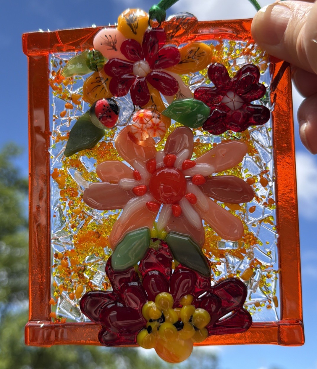 Fused Glass Handmade Flowered Rectangular Multicolor Sun Catcher Signed