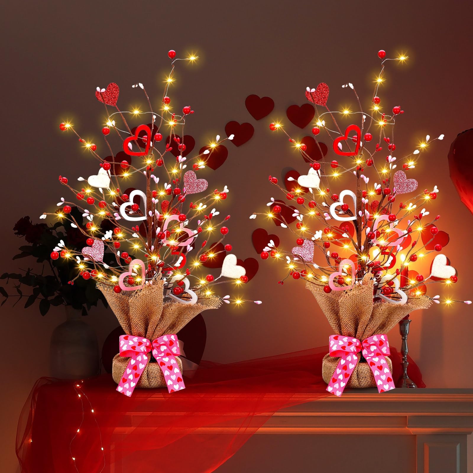 2 PCS 21in Valentine Lighted Artificial Berry Blossom Table Tree Heart