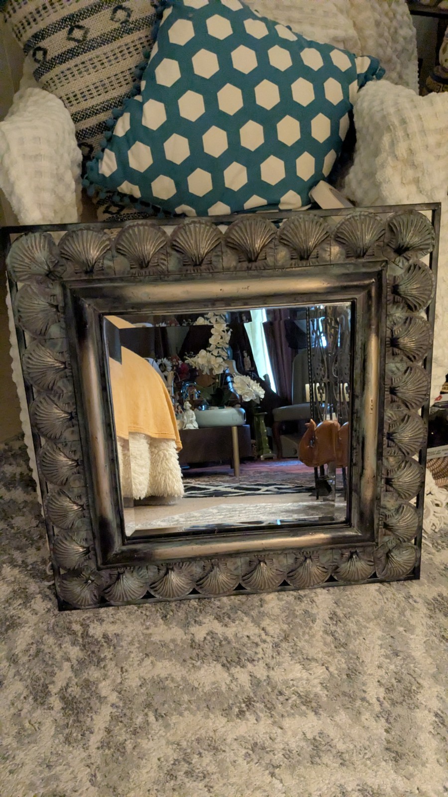Vintage Art Deco Style Scalloped Metal Decorative Wall Mirror 24×24&Prime;