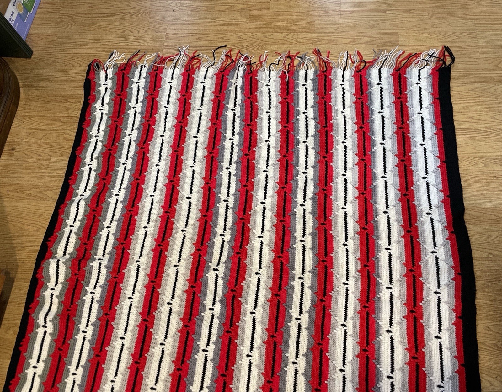 Handmade Crocheted Afghan Throw Blanket 57×74” Red White Black Gray – Perfect!