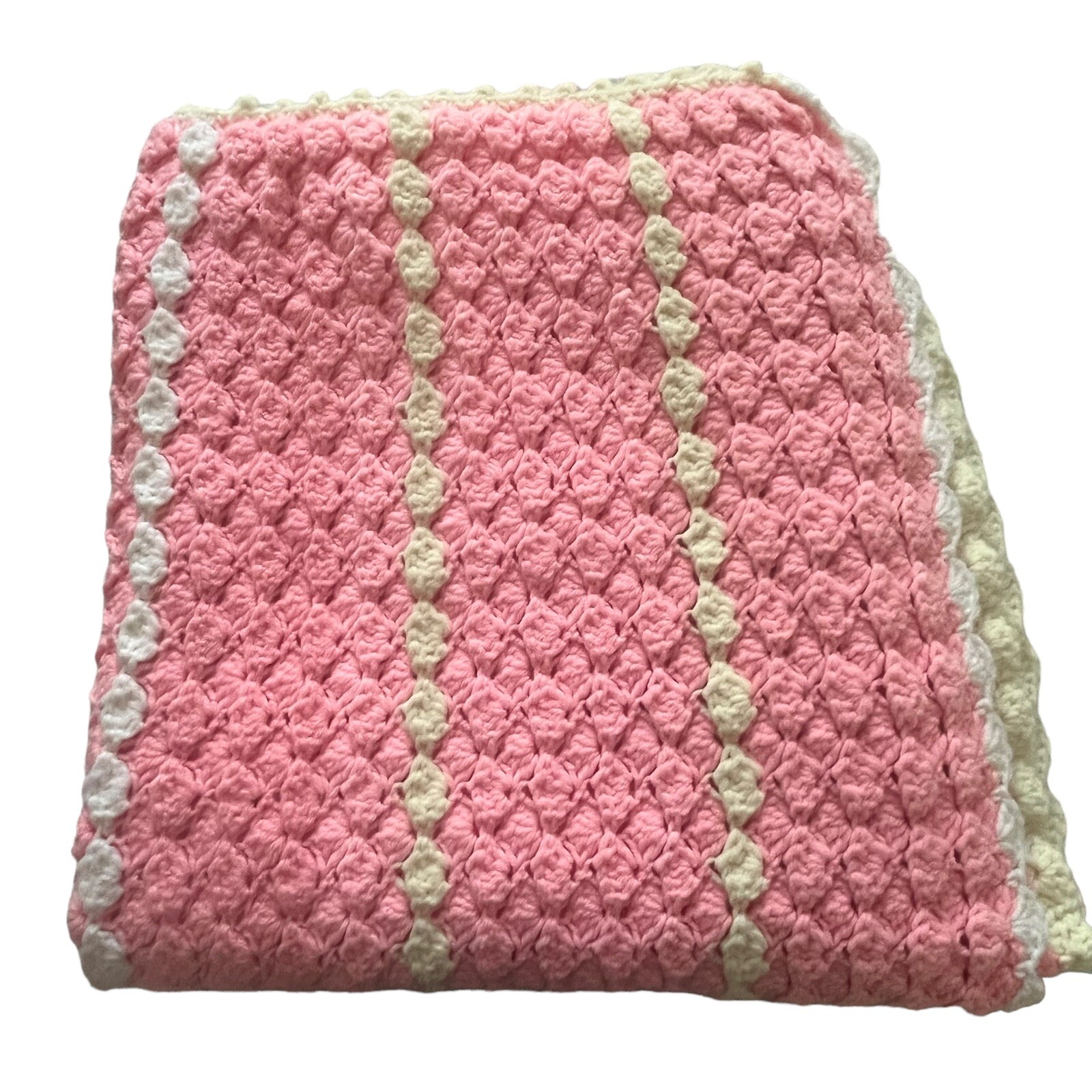 Vintage Hand Knitted Crocheted Pink White Afghan Throw 72” x 36” Nursery Kids