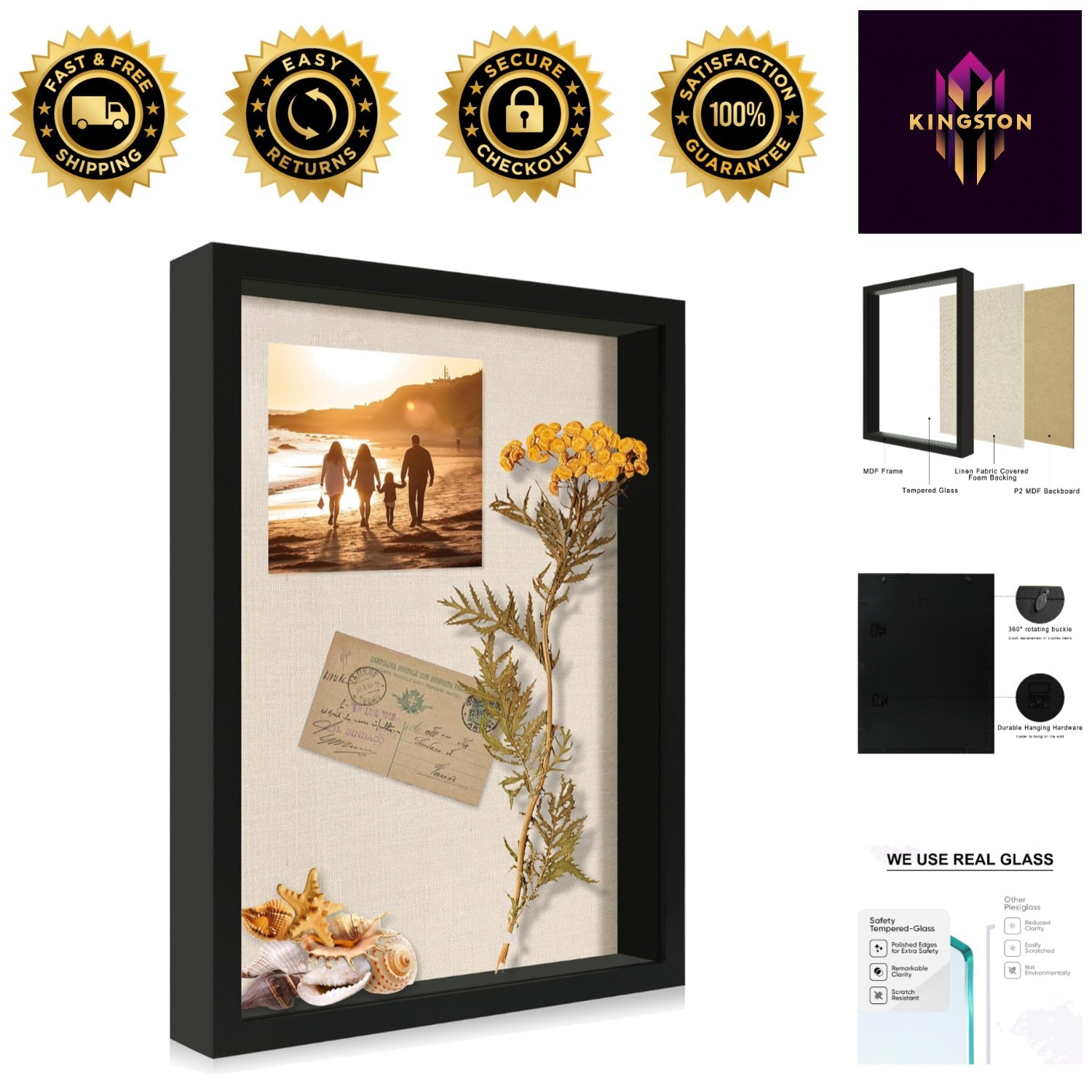 Elegant 12×16 Black Wooden Shadow Box Frame with Tempered Glass for Wall Display