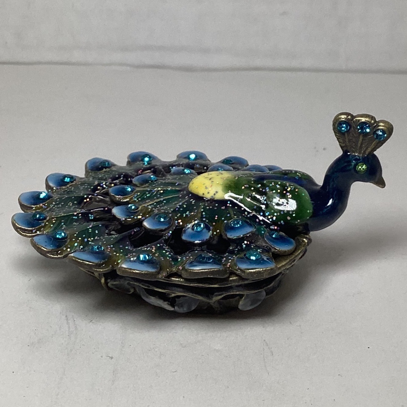 Peacock Trinket Box Blue Enamel Rhinestone Jeweled Magnetic Hinged Keepsake