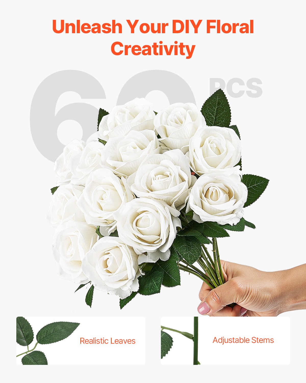 VEVOR 60Pcs White Roses Artificial Flowers Realistic Bouquet for Xmas Home Decor