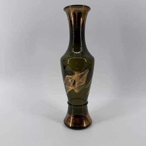 Vintage Mid Century Modern Smoke Green Gold Atomic Mesh Glass Bud Vase 10.5&Prime;