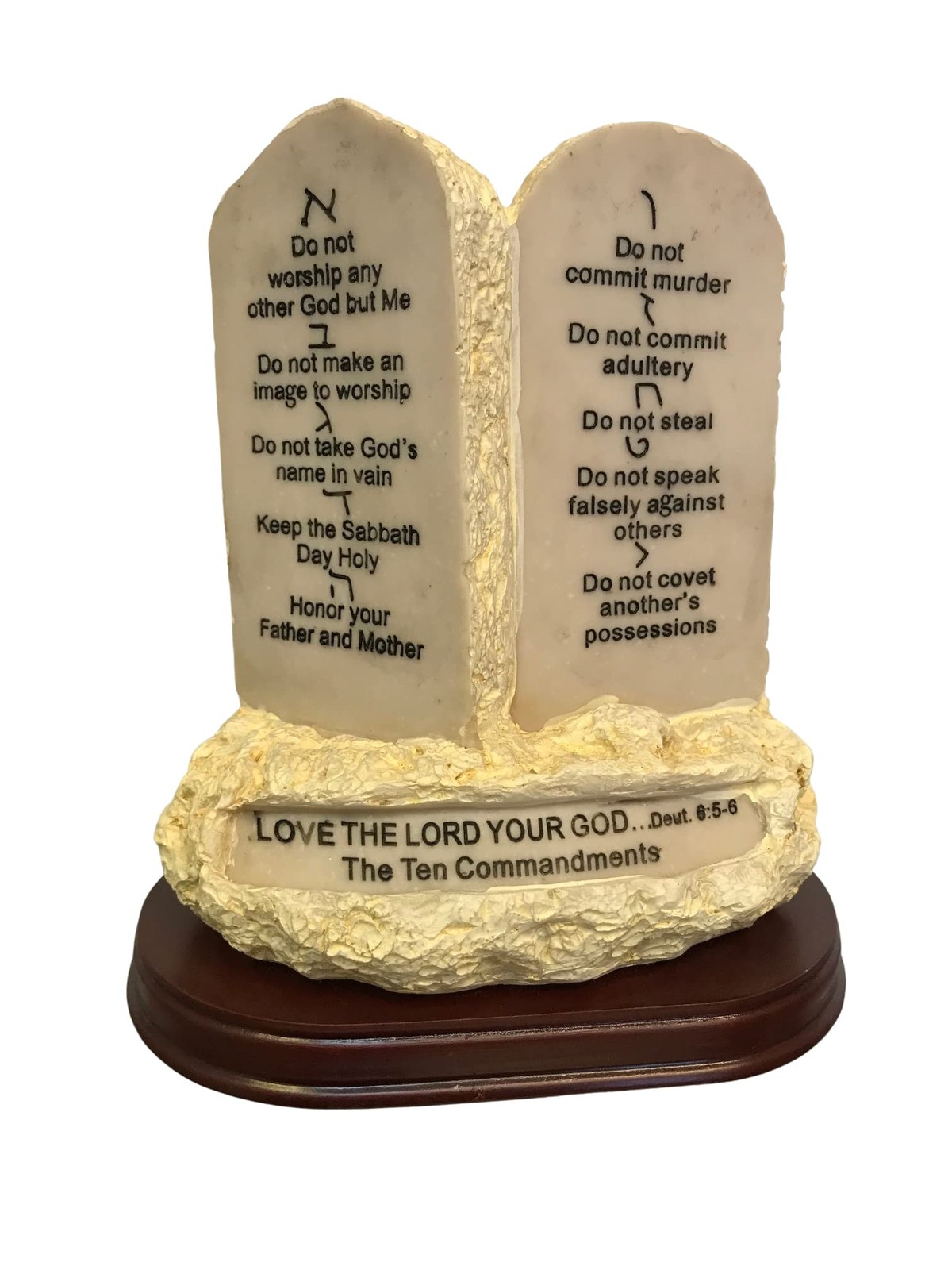 Ten Commandments Tabletop Decor Stone Replica Statue with Scripture on Wood Base