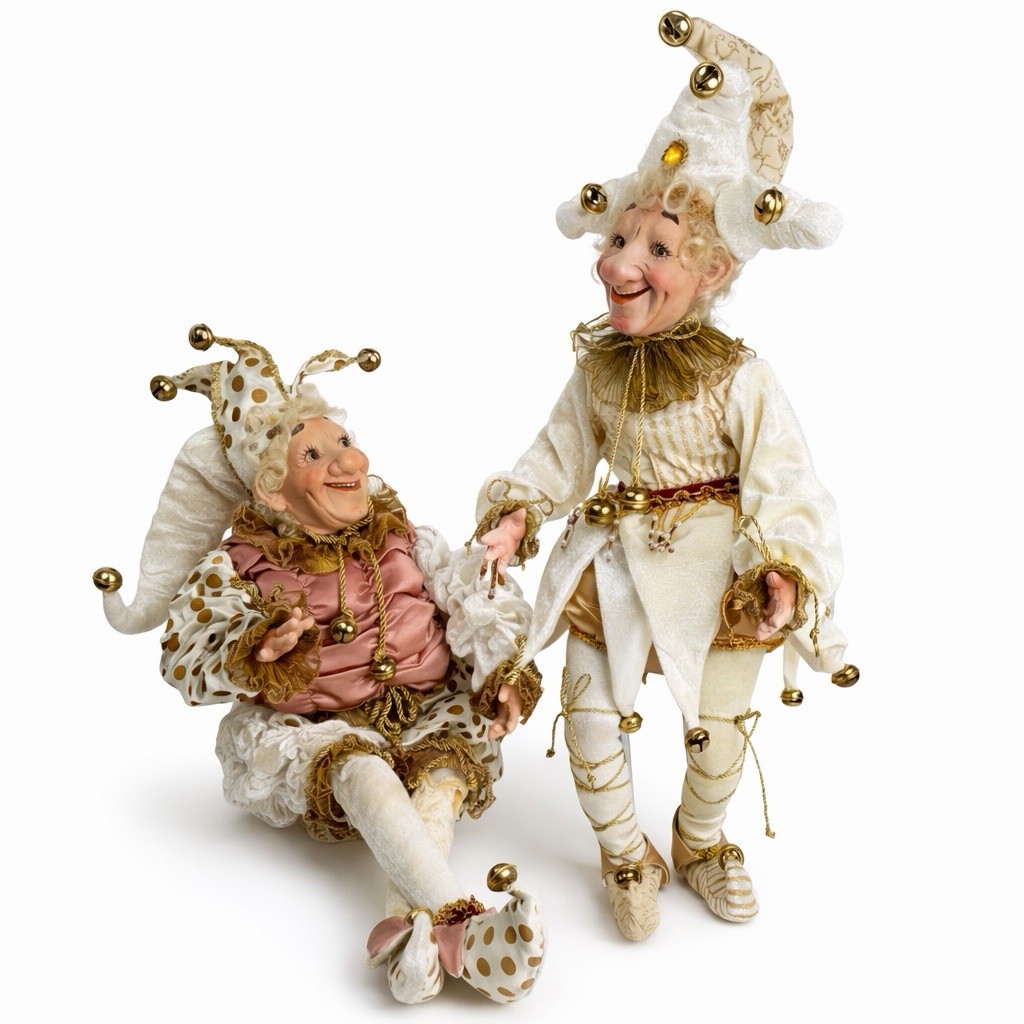 Large Harlequin Jester Dolls Pair Cream Gold Whimsical Elf Decor 24”