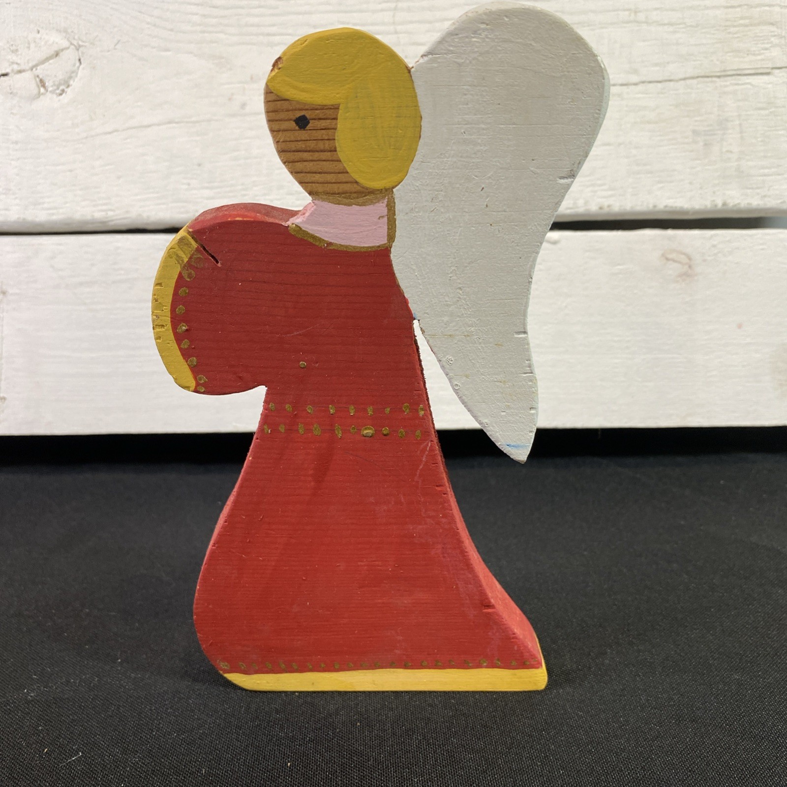 Wooden Angel For Door Trim Mounting Or Shelf Display Red Gold White