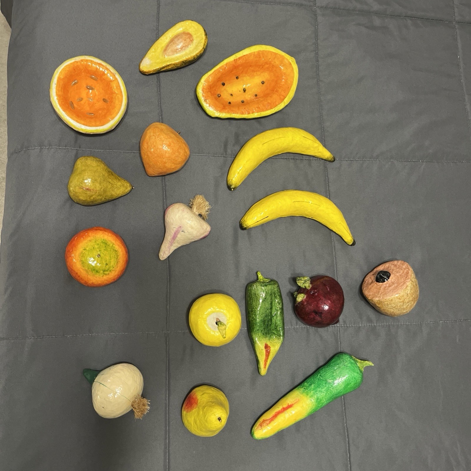 Vintage Papier Mache Fruits And Vegetables. 23 Bright And Colorful Pieces.