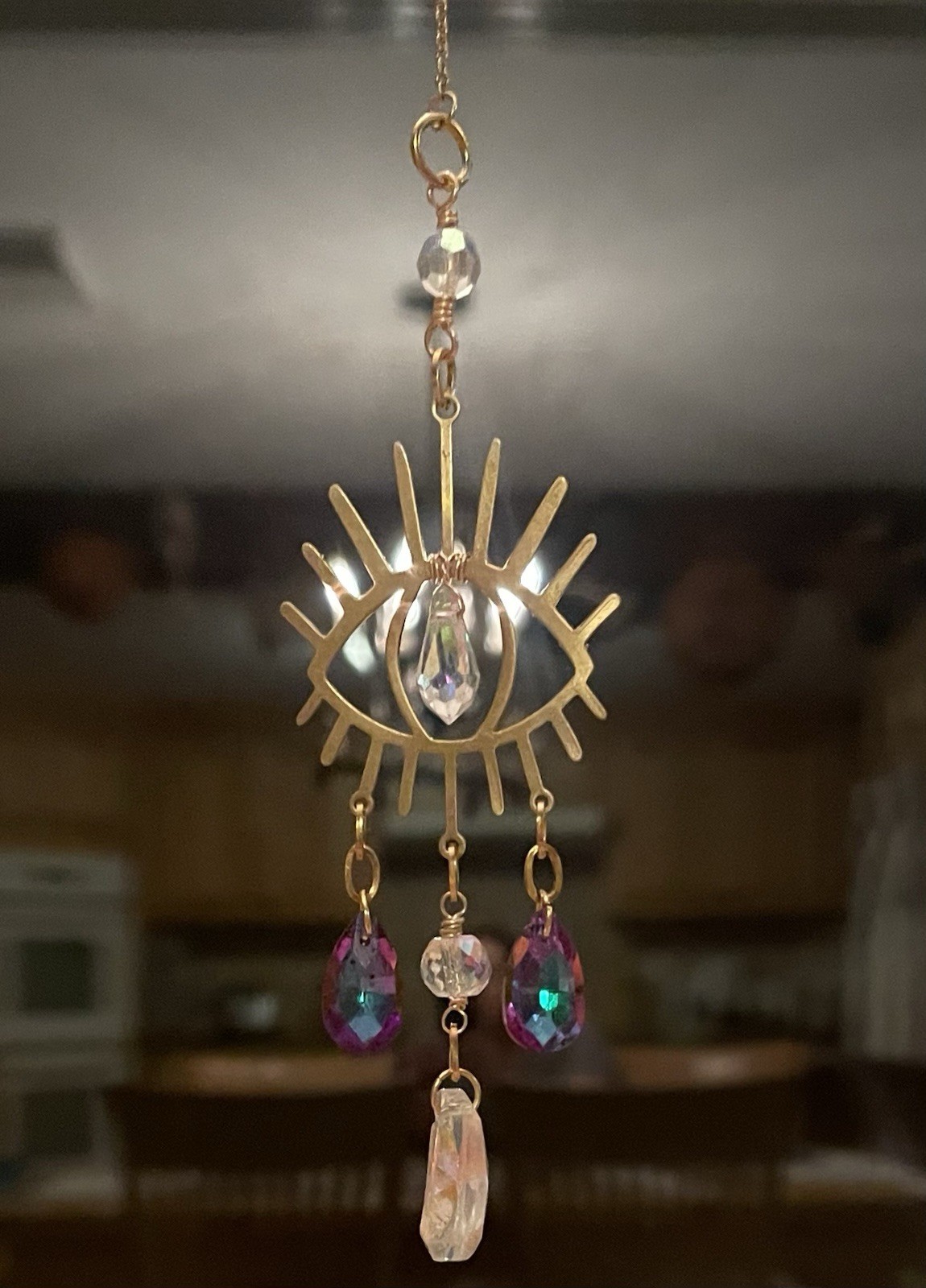 SHINY GOLD & FACETED GLASS CRYSTAL 12” LONG WINDOW SUNCATCHER