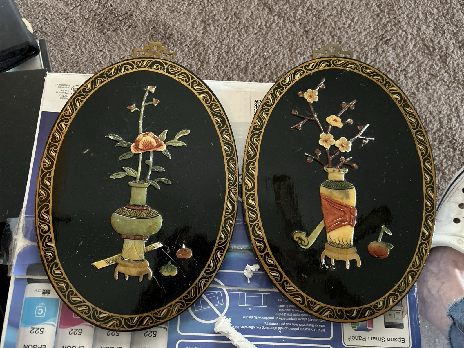 Vtg pair Asian Oval Wall Art Panel Black Lacquer Jade/Soapstone Oriental