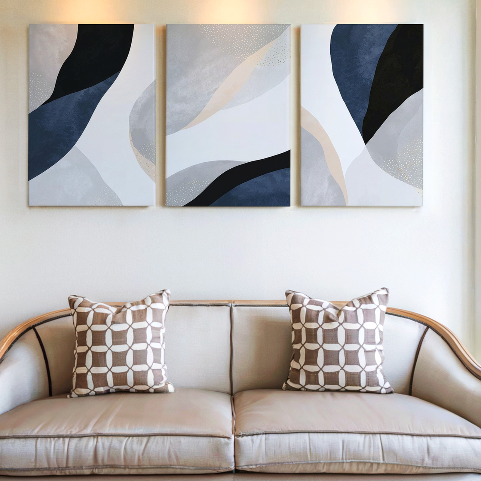 3 Pieces Abstract Geometric Neutral Blue Tones Large Wall Art Canvas Set Of 3