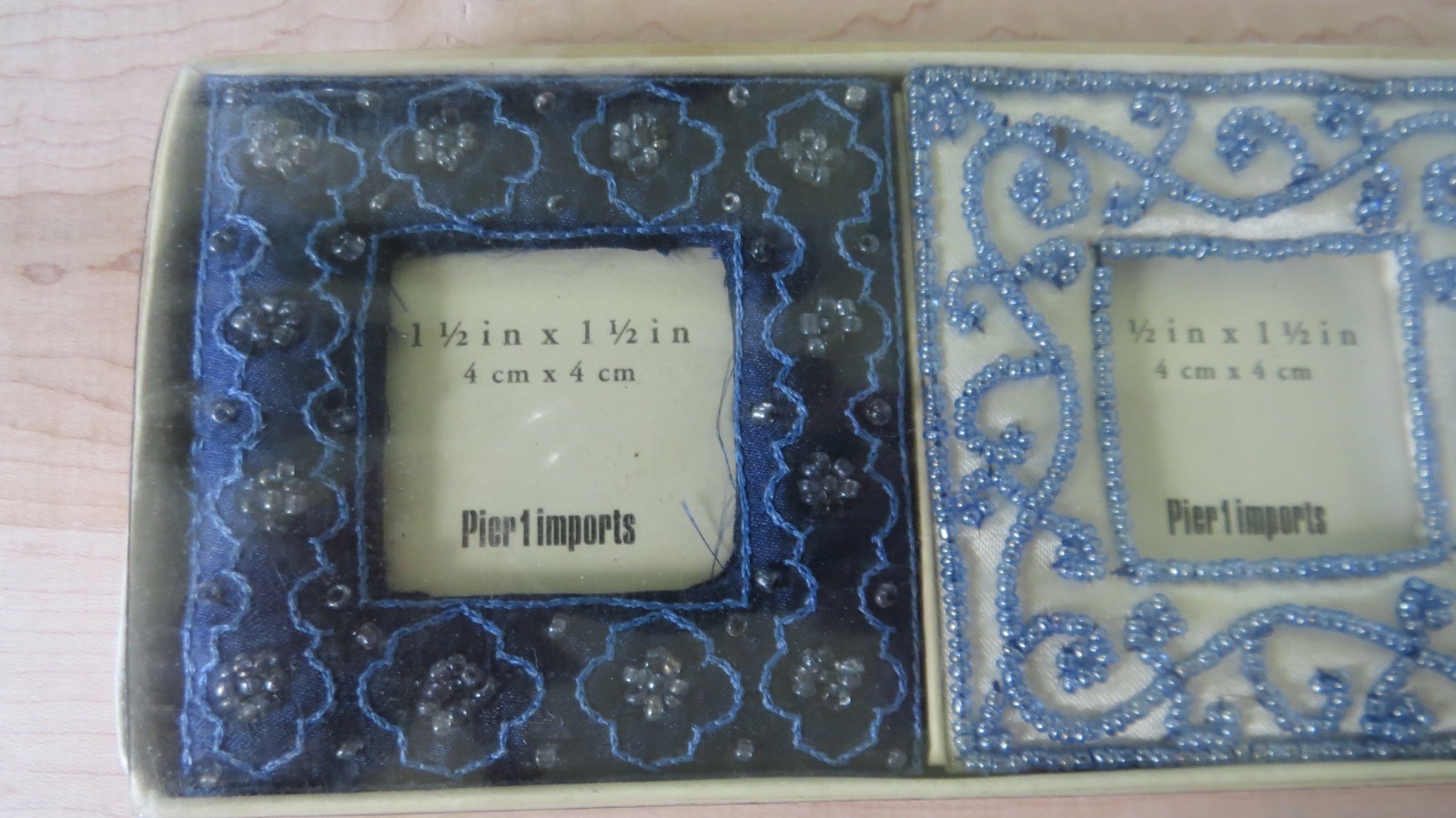 New NIP Pier 1 Imports Set of 3 Size 1.5&Prime; x 1.5&Prime; Fabric/Beads Picture Frame Set