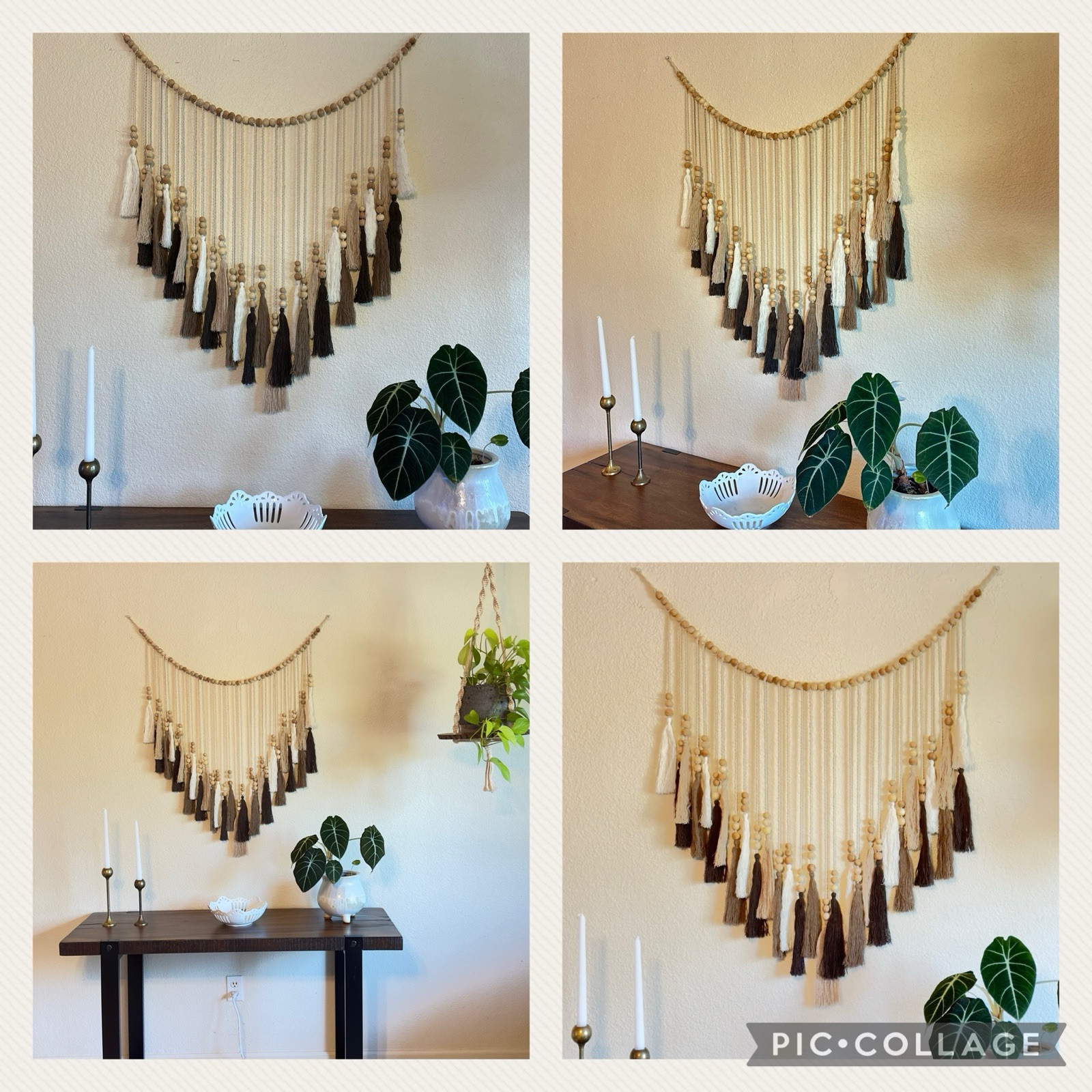 4 New Boho Macramé Wood Beads Tasseled Wall Hanging Tapestry Decor Brown Tan