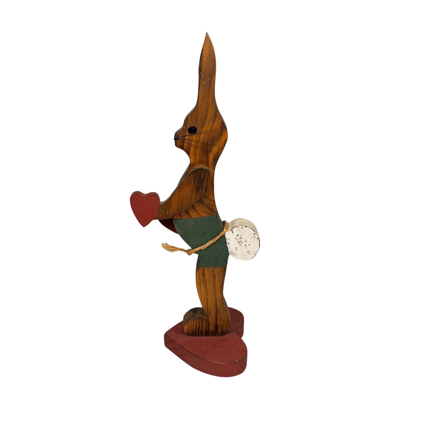 Vintage Folk Art Wooden Bunny Rabbit with Hearts Figurine 12.5&Prime; Primitive