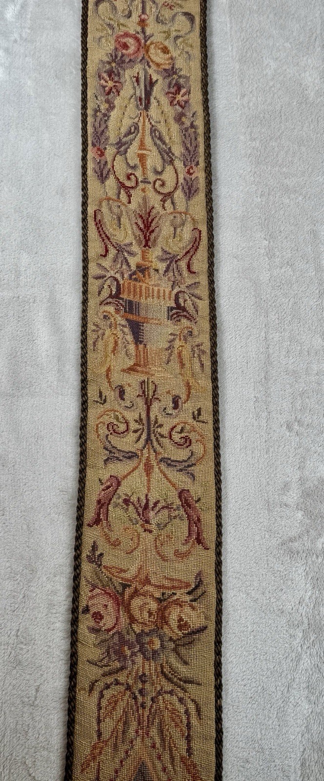 Vtg Wool Needlepoint Bell Pull Floral Motif Wall Hanging Hardware Ends 60×5”