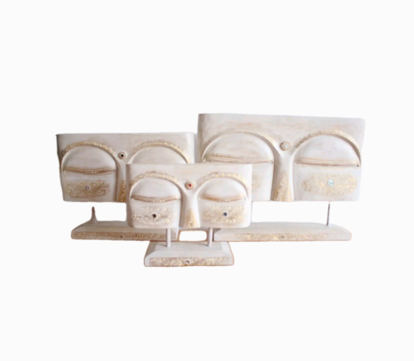 Free Stand Whitewash Set of 3 Buddha Eyes Sculpture Wood 50/40/30 CM