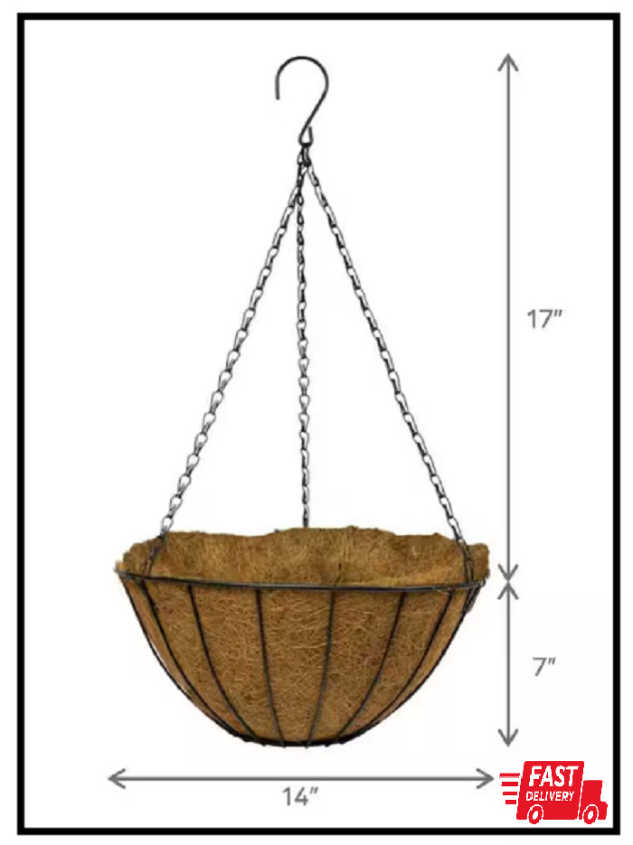 14 In. Dia Black Metal Growers Hanging Basket with Coco Liner