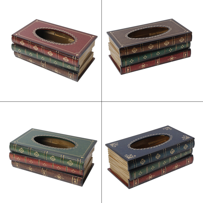Wood Book Shape Tissue Box Retro Rectangle Napkin Paper Holder Storage Case.