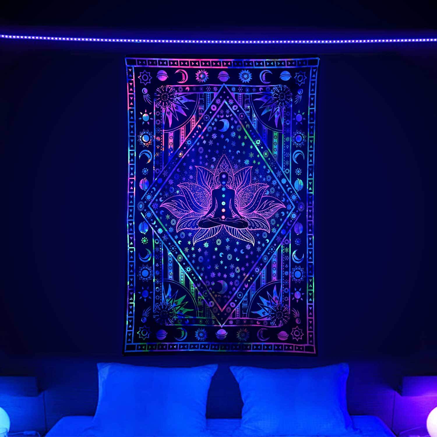 Zen Yoga Star Moon Blacklight Tapestry UV Reactive, Animal Tapestry