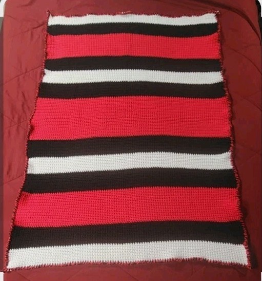 Afghan~Single Crochet Handmade 54&Prime;x 39&Prime; Red Black White New Blanket w/Border